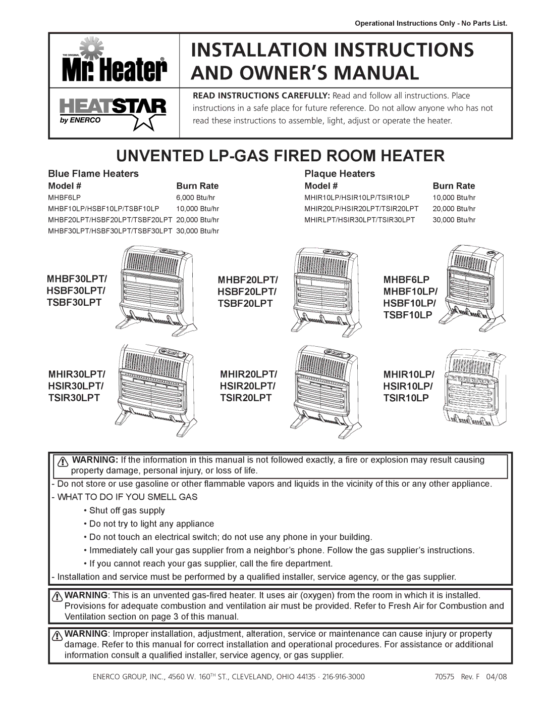 Enerco HSBF10LP, MHBF6LP, HSBF20LPT, HSIR30LPT, HSIR20LPT installation instructions Blue Flame Heaters­ Plaque Heaters­ 