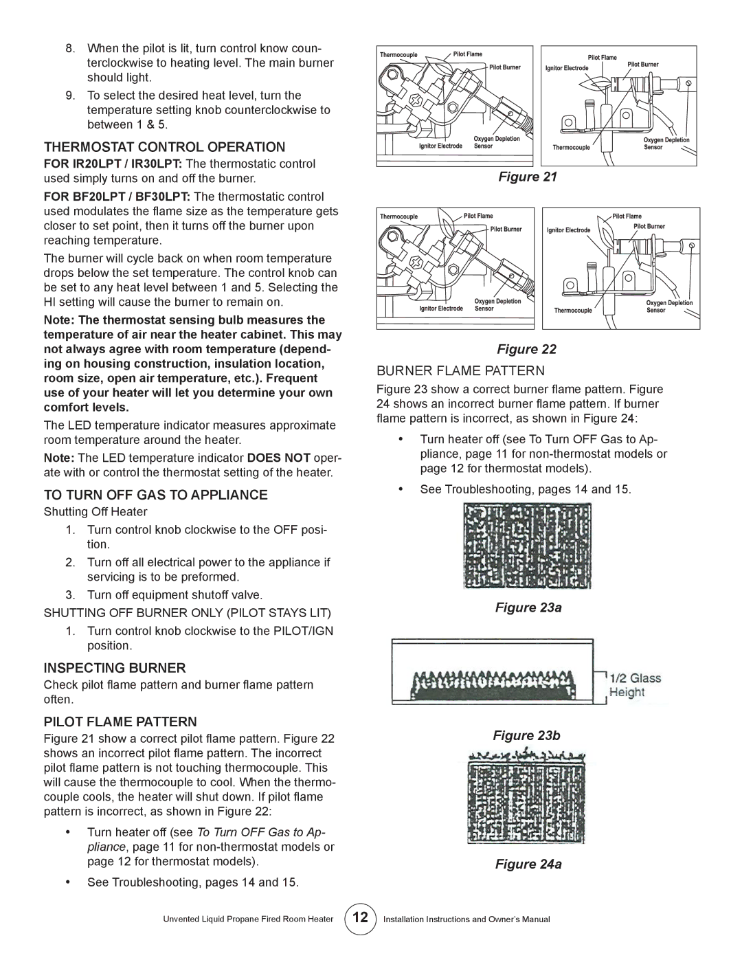 Enerco MHBF6LP, HSBF10LP Thermostat Control Operation, Inspecting Burner, Pilot Flame Pattern, Burner Flame Pattern 