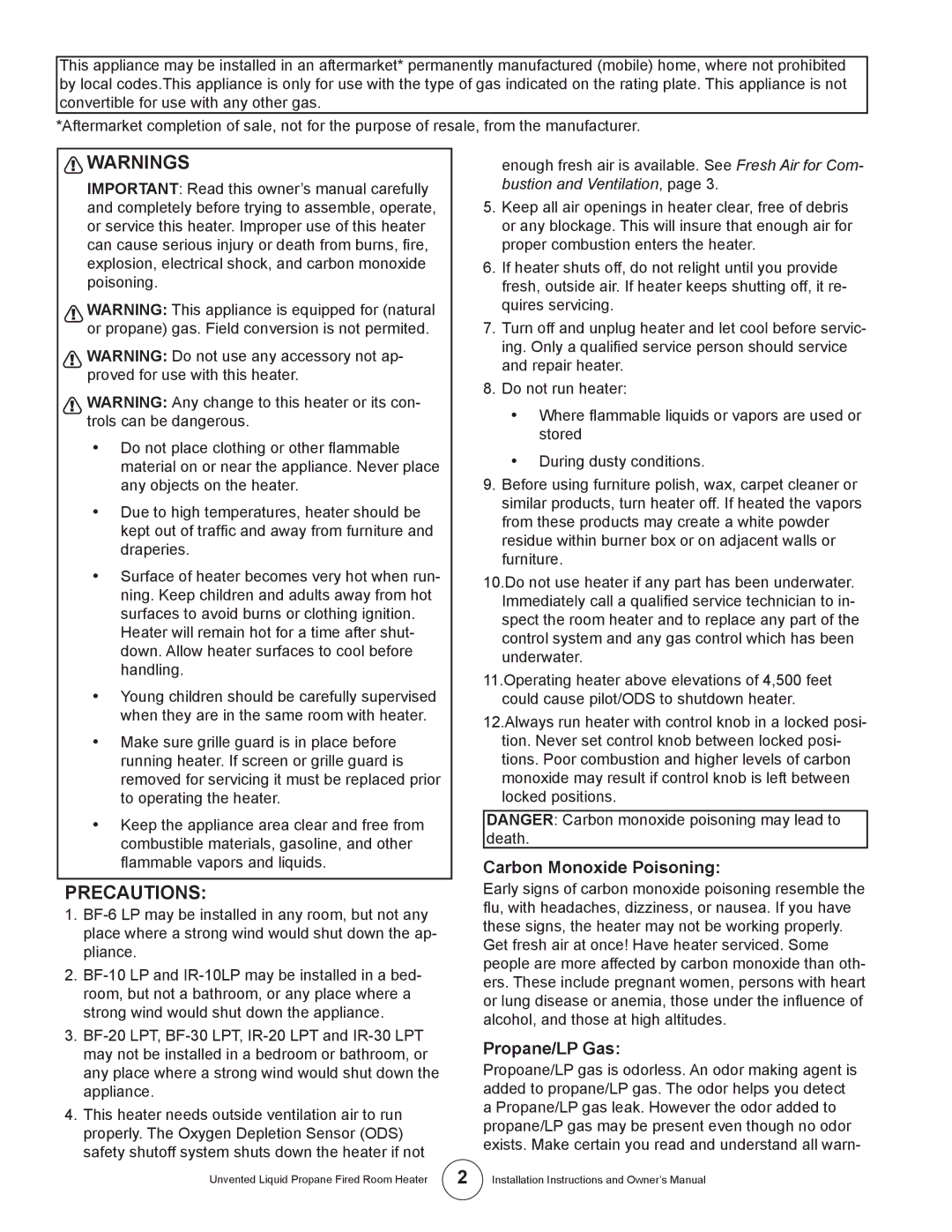 Enerco HSBF20LPT, MHBF6LP, HSBF10LP, HSIR30LPT, HSIR20LPT, HSBF30LPT Precautions, Carbon Monoxide Poisoning, Propane/LP Gas 