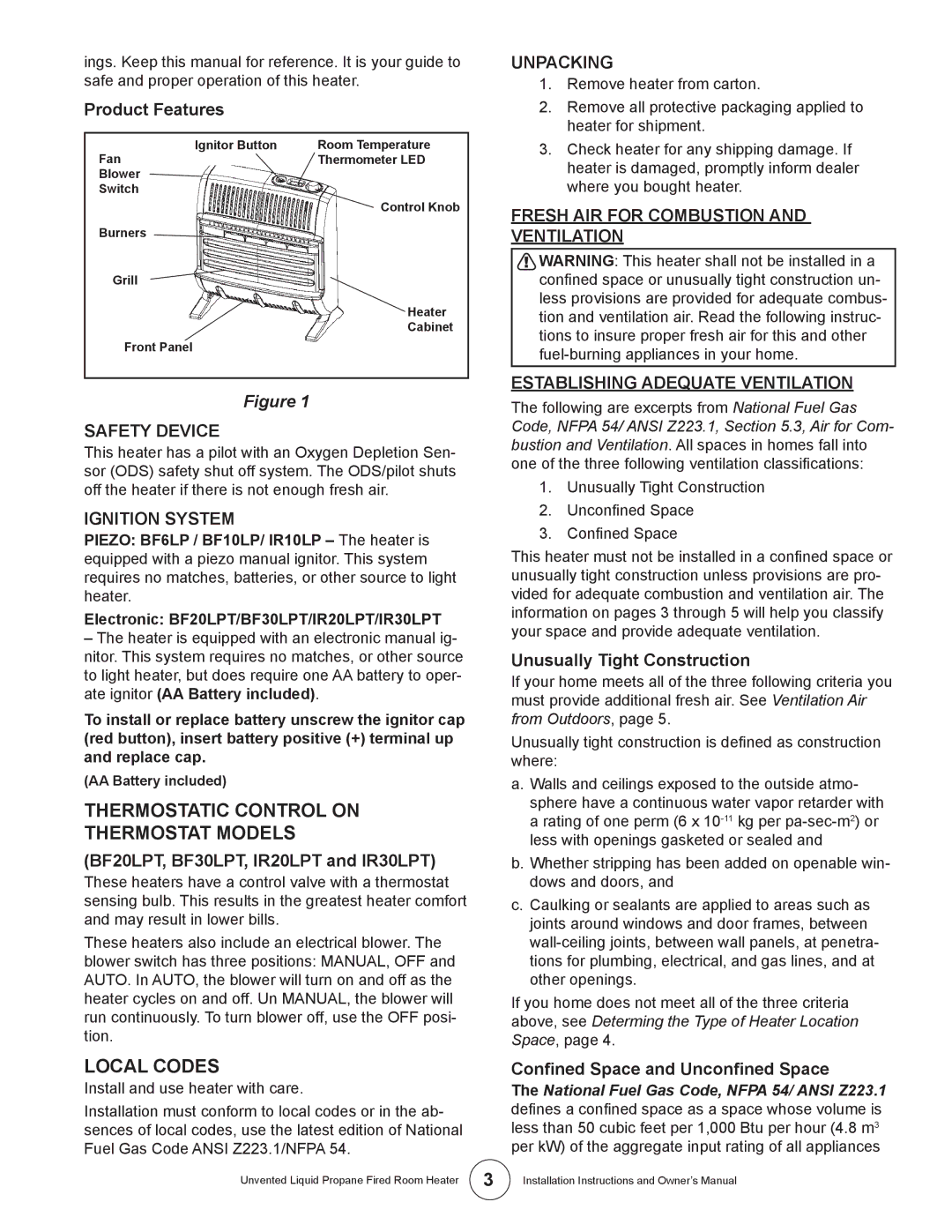 Enerco HSIR30LPT Thermostatic Control on Thermostat Models, Local Codes, Safety Device, Ignition System, Unpacking 