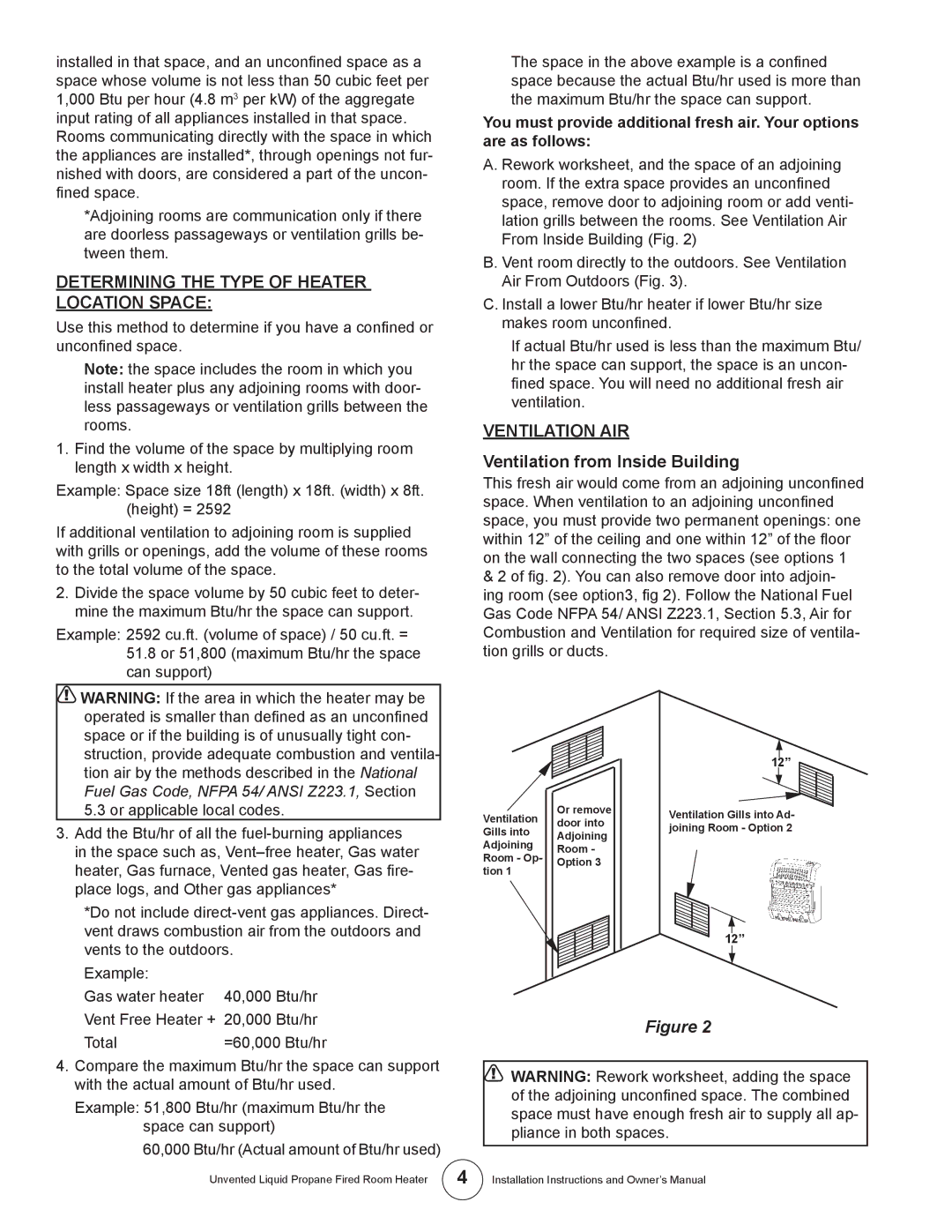 Enerco HSIR20LPT, MHBF6LP Determining the Type of Heater Location Space, Ventilation AIR, Ventilation from Inside Building 