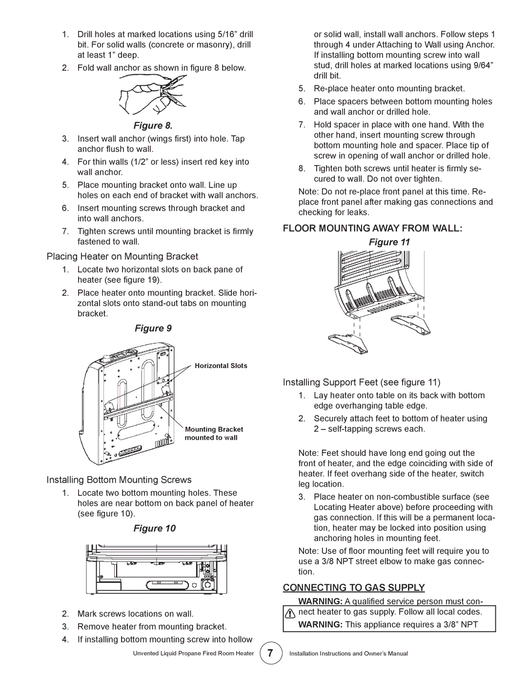 Enerco HSBF10LP Placing Heater on Mounting Bracket, Installing Bottom Mounting Screws, Floor Mounting Away from Wall 