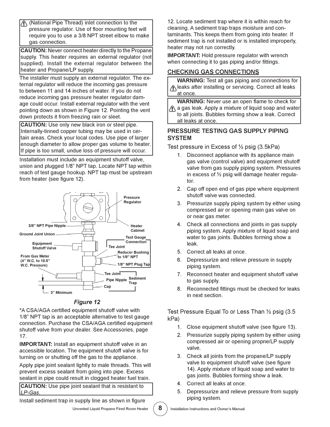 Enerco HSBF20LPT, MHBF6LP Test pressure in Excess of ½ psig 3.5kPa, Test Pressure Equal To or Less Than ½ psig 3.5 kPa 