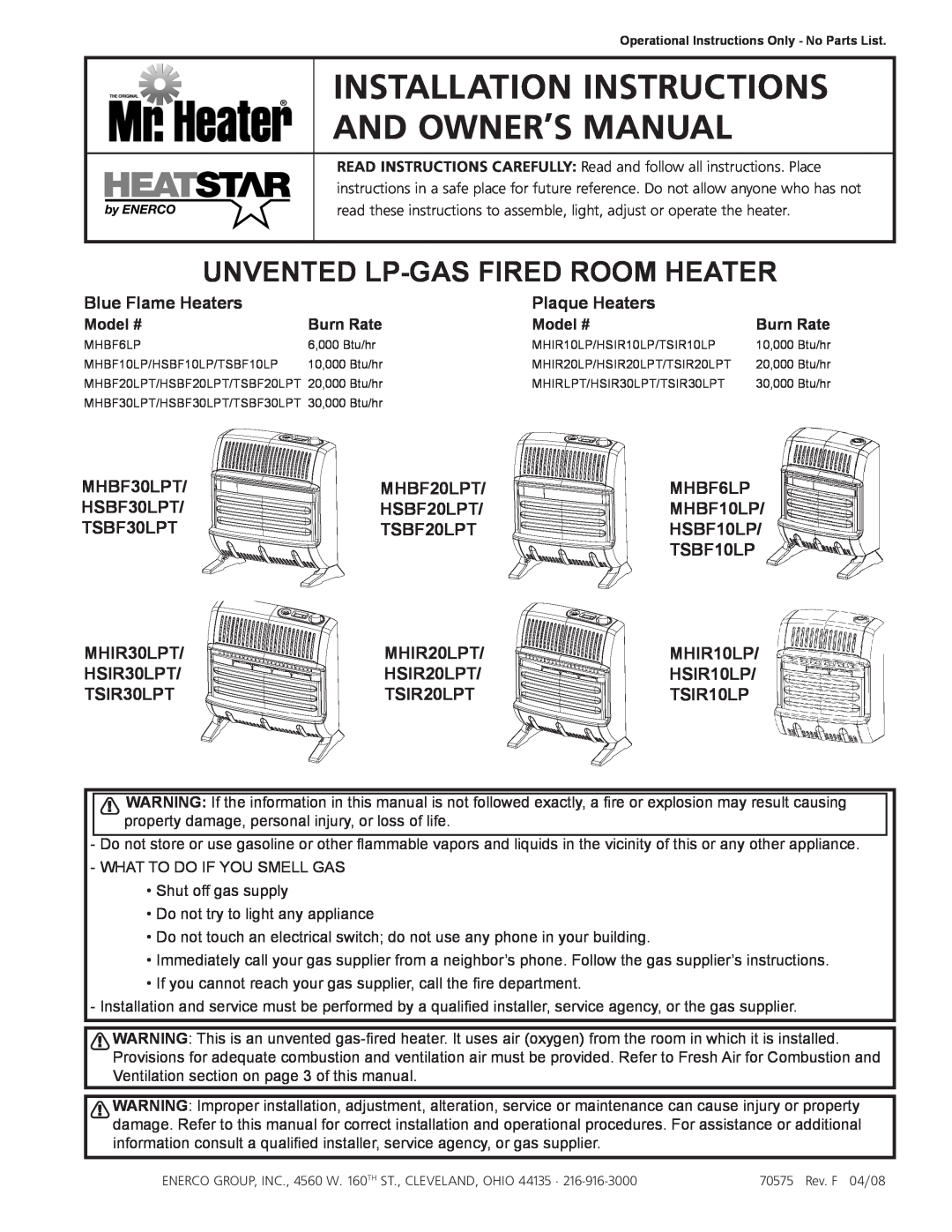 Enerco HSBF10LP, MHBF6LP, HSBF20LPT, HSIR30LPT, HSIR20LPT installation instructions Unvented Lp-Gasfired Room Heater 
