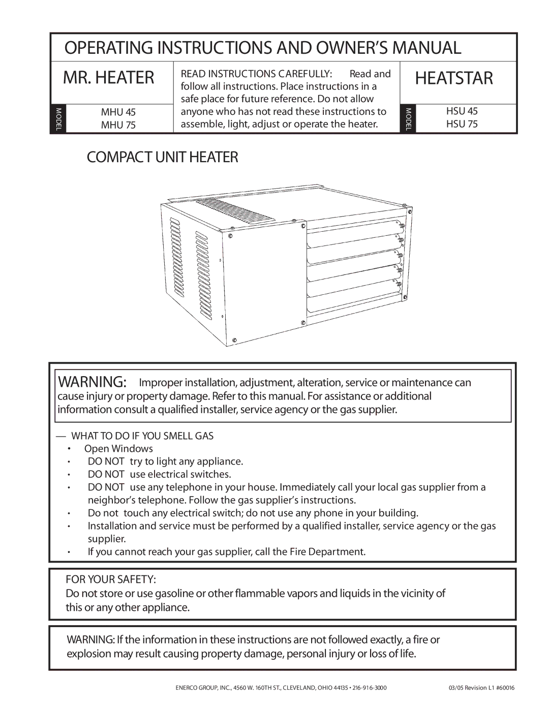 Enerco MHU 45, MHU 75 owner manual MR. Heater 