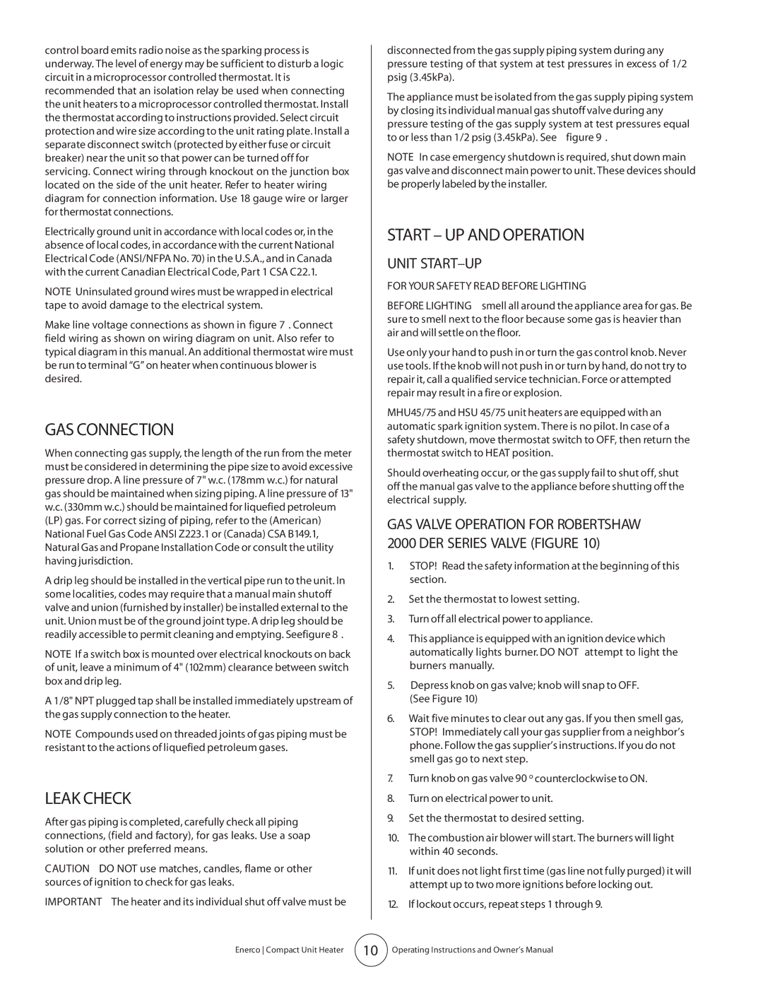 Enerco MHU 75, MHU 45 owner manual GAS Connection, Leak Check, Start UP and Operation, Unit START-UP 