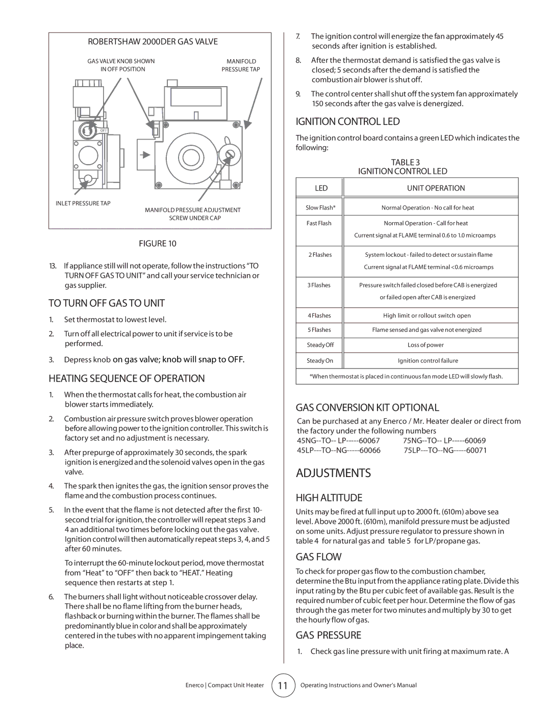 Enerco MHU 45, MHU 75 owner manual Adjustments 