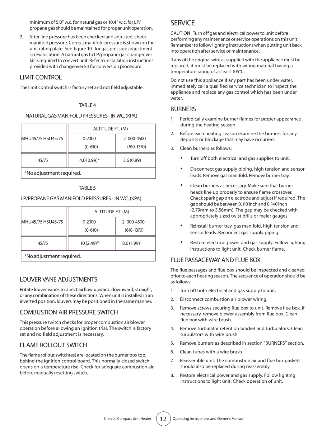 Enerco MHU 75, MHU 45 owner manual Service 