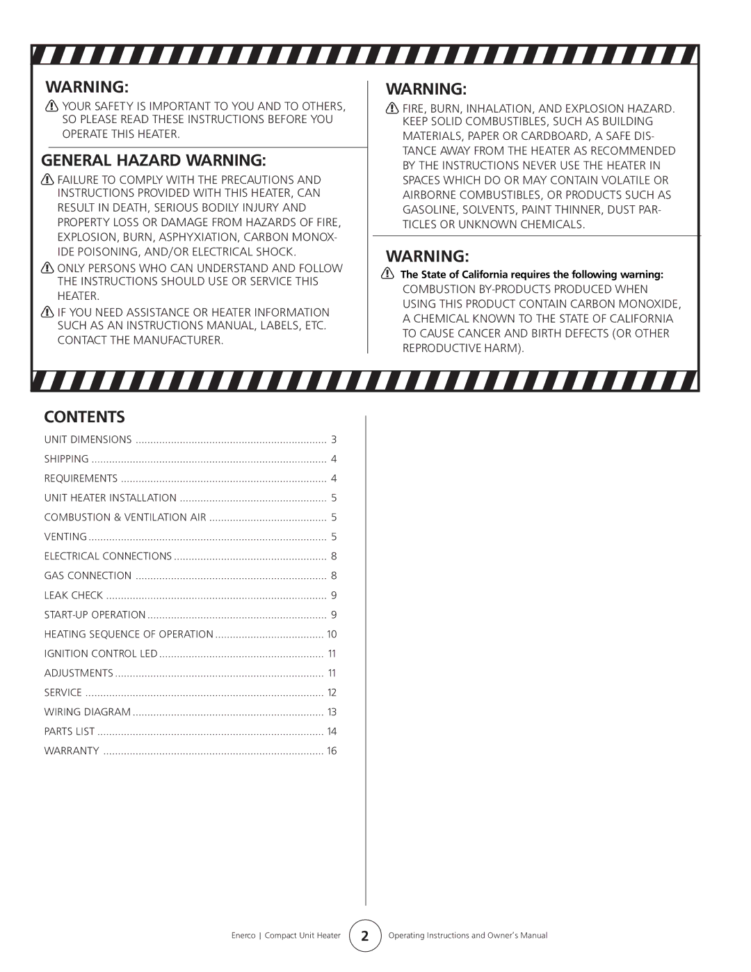 Enerco MHU 75, MHU 45 owner manual General Hazard Warning, Contents 