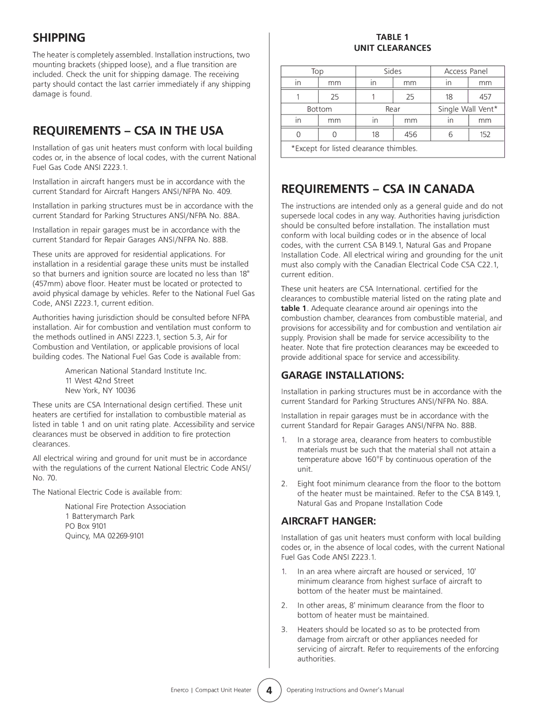 Enerco MHU 75 Shipping, Requirements CSA in the USA, Requirements CSA in Canada, Garage Installations, Aircraft Hanger 