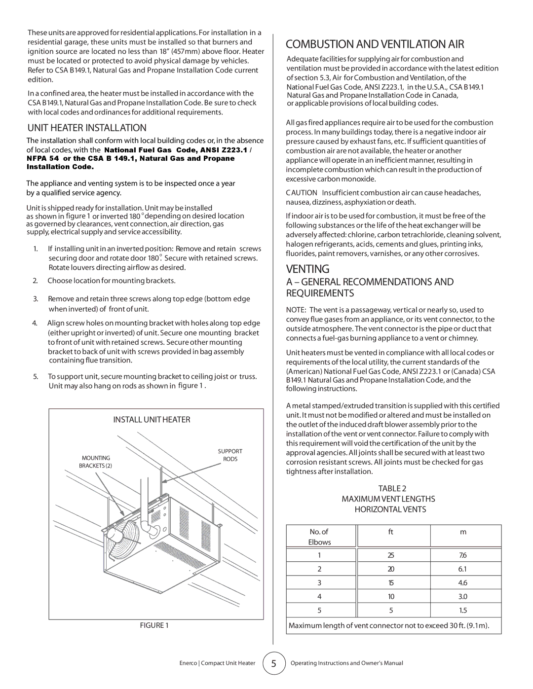 Enerco MHU 45, MHU 75 owner manual Combustion and Ventilation AIR, Venting, Unit Heater Installation, Install Unit Heater 