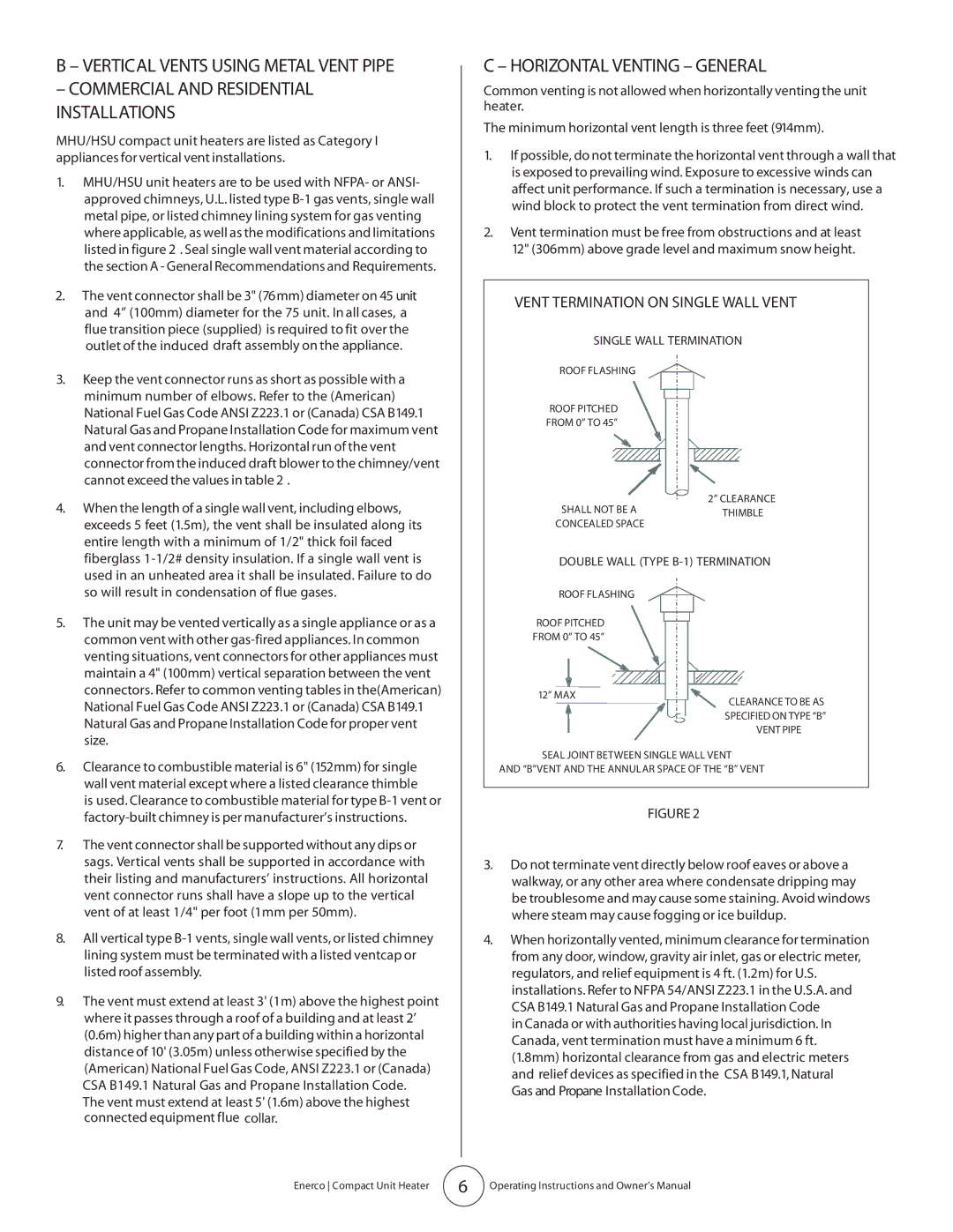 Enerco MHU 75, MHU 45 owner manual Horizontal Venting General, Vent Termination on Single Wall Vent 