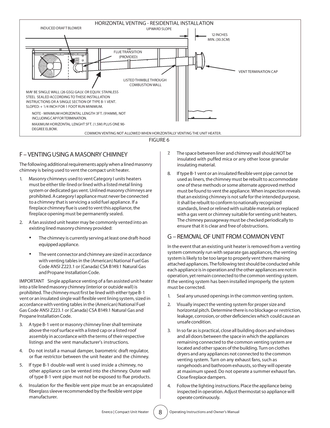 Enerco MHU 75, MHU 45 owner manual Venting Using a Masonry Chimney, Removal of Unit from Common Vent 