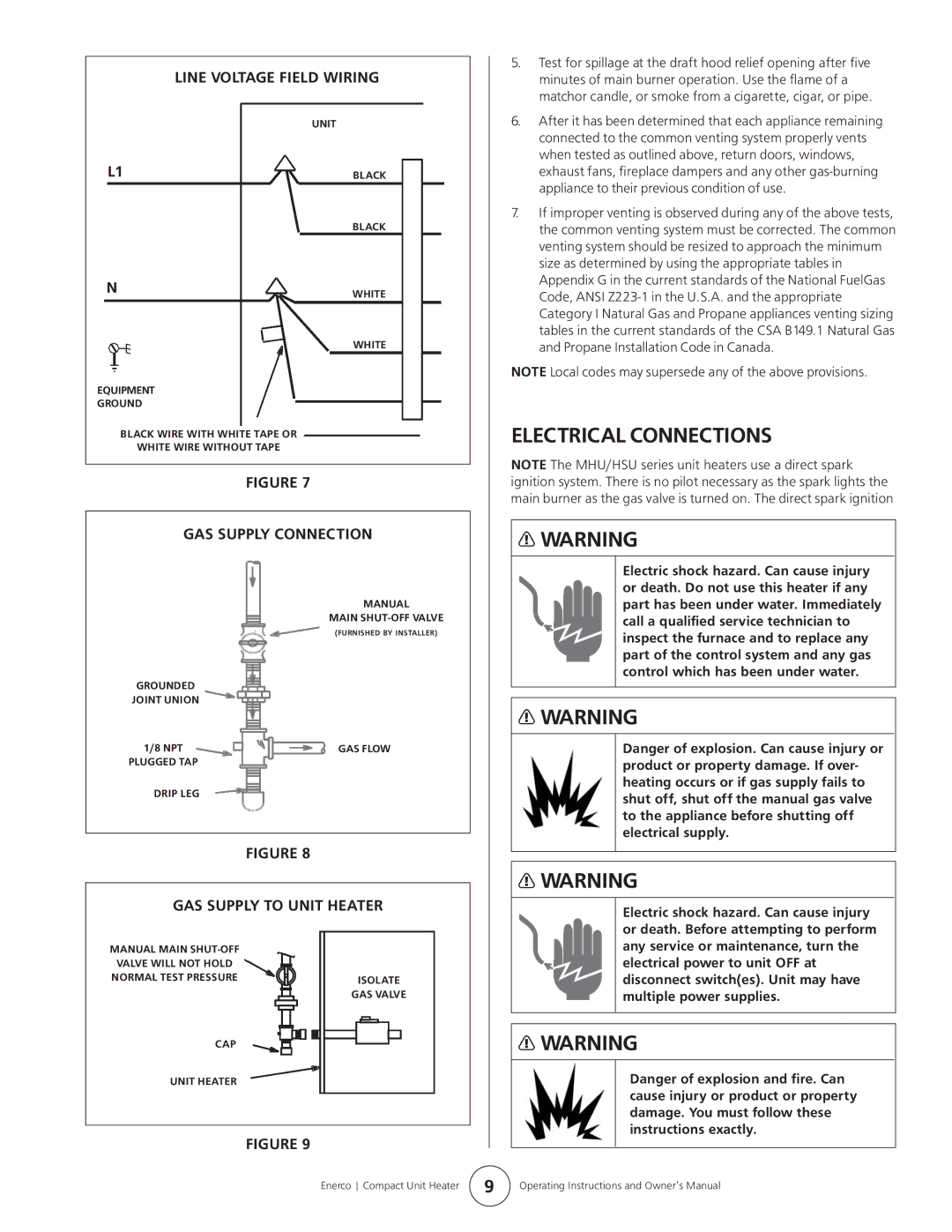 Enerco MHU 45, MHU 75 Electrical Connections, GAS Supply Connection, GAS Supply to Unit Heater, Line Voltage Field Wiring 