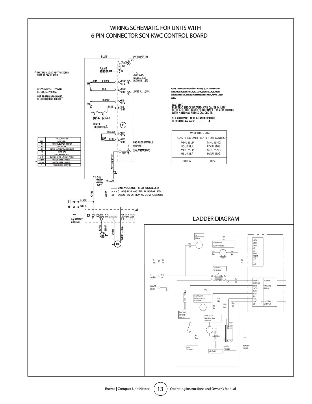 Enerco MHU 45, MHU 75 Ladder Diagram, Note Ifanyoftheoriginalwireassuppliedwiththe, MHU45NG, HSU45NG, MHU75NG, HSU75NG 