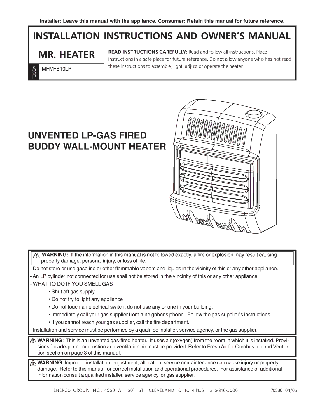 Enerco MHVFB10LP installation instructions MR. Heater 