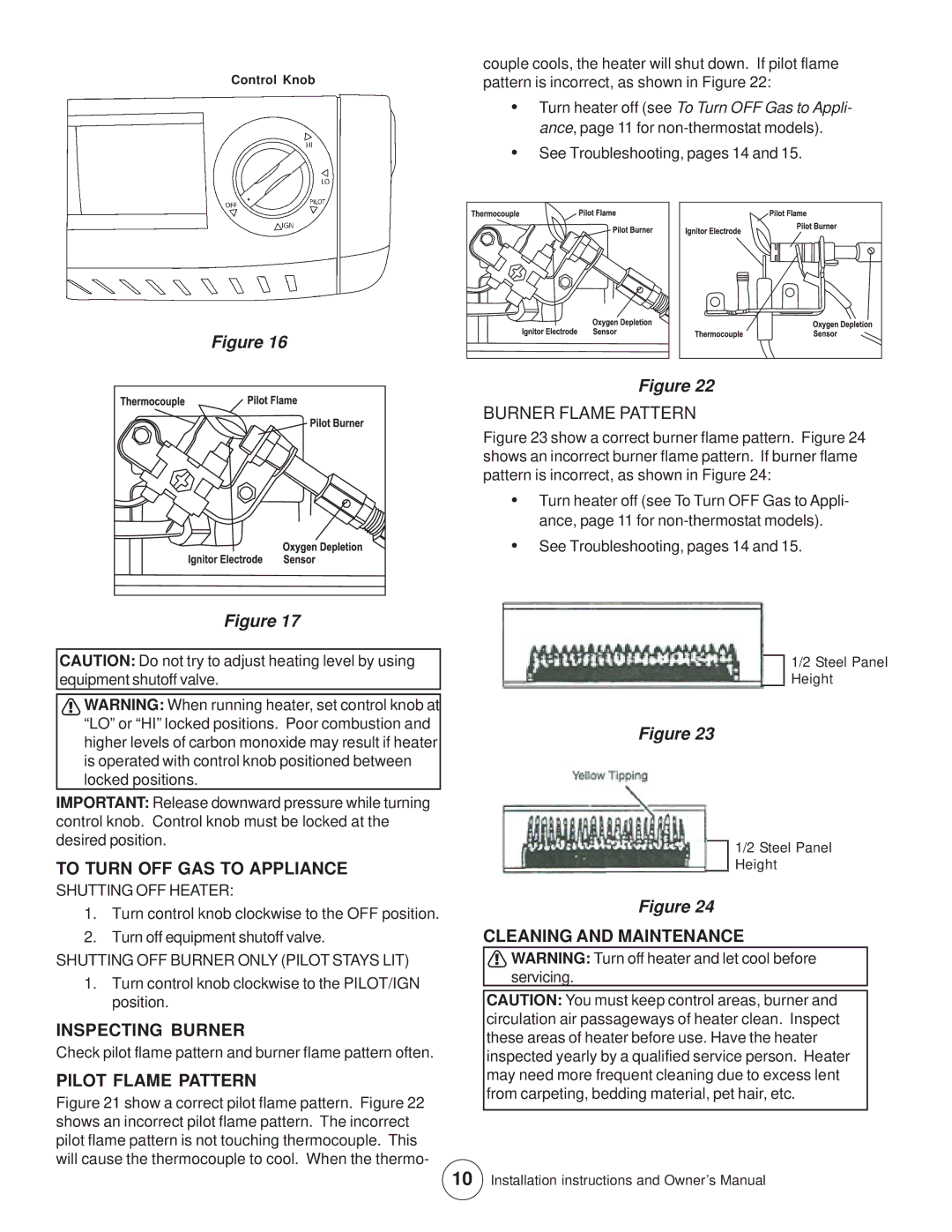 Enerco MHVFB10LP To Turn OFF GAS to Appliance, Inspecting Burner, Pilot Flame Pattern, Burner Flame Pattern 