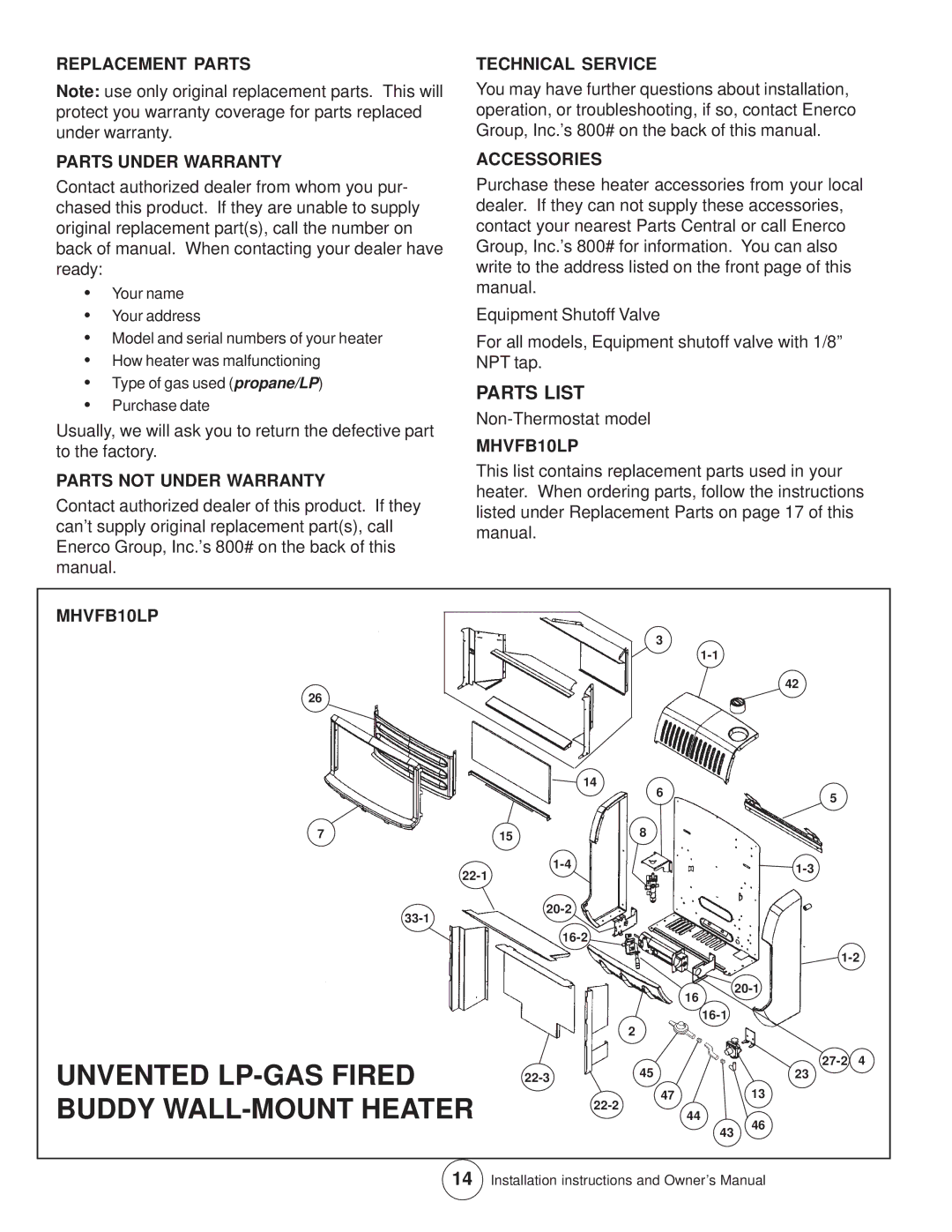 Enerco MHVFB10LP installation instructions Parts List 