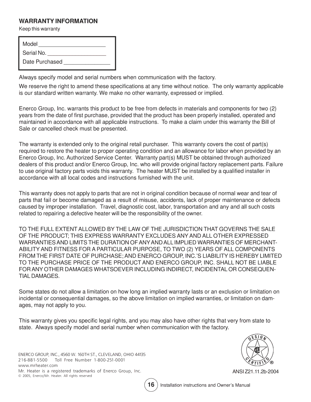 Enerco MHVFB10LP installation instructions Warranty Information, Enerco GROUP, INC., 4560 W TH ST., CLEVELAND, Ohio 