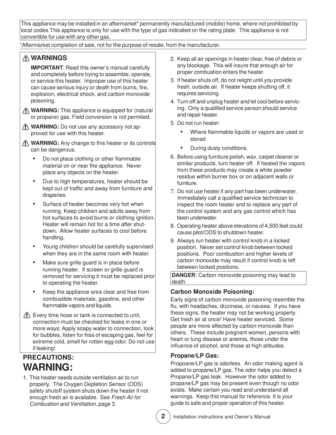 Enerco MHVFB10LP installation instructions Precautions, Carbon Monoxide Poisoning, Propane/LP Gas 