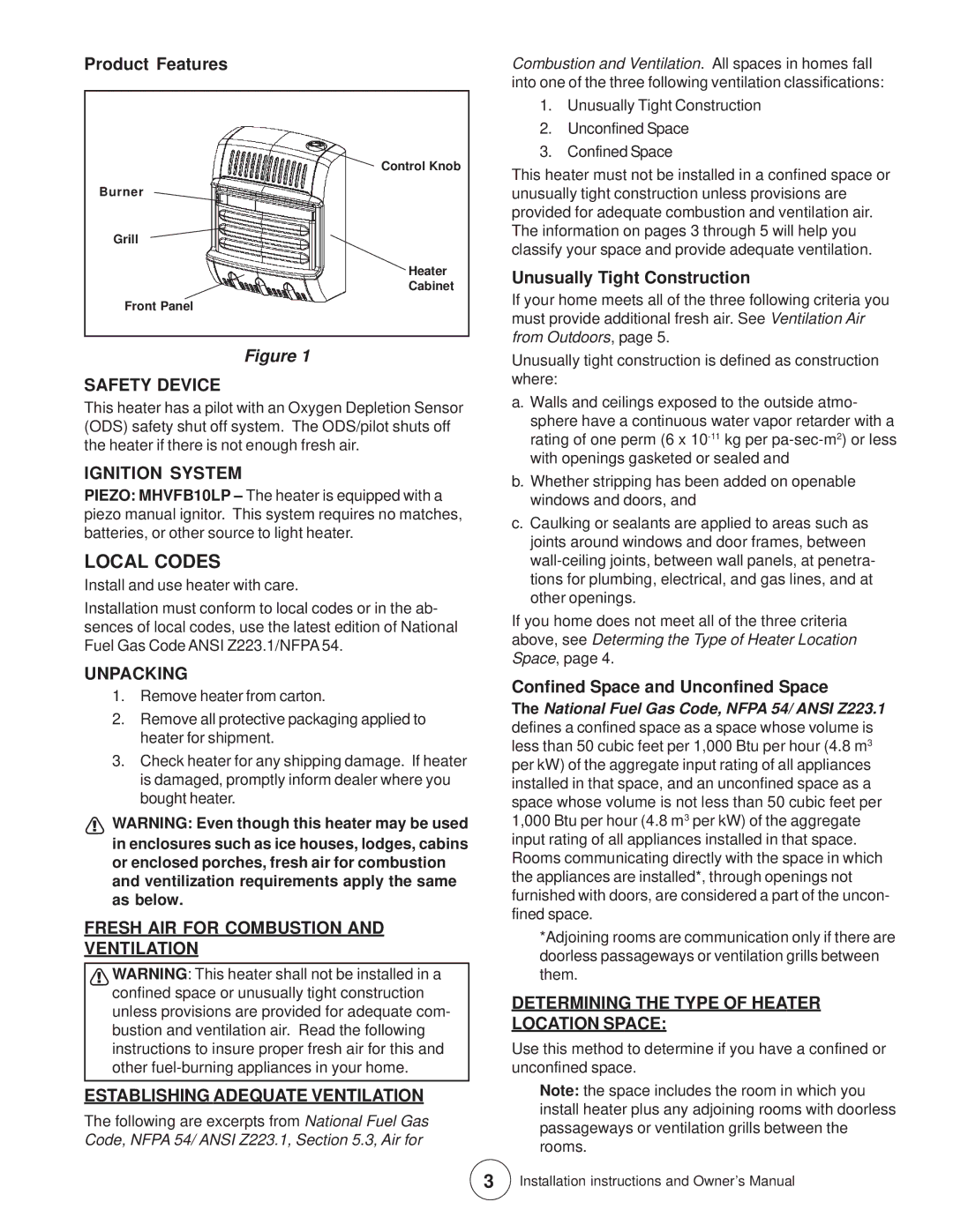 Enerco MHVFB10LP Local Codes, Safety Device, Ignition System, Unpacking, Determining the Type of Heater Location Space 