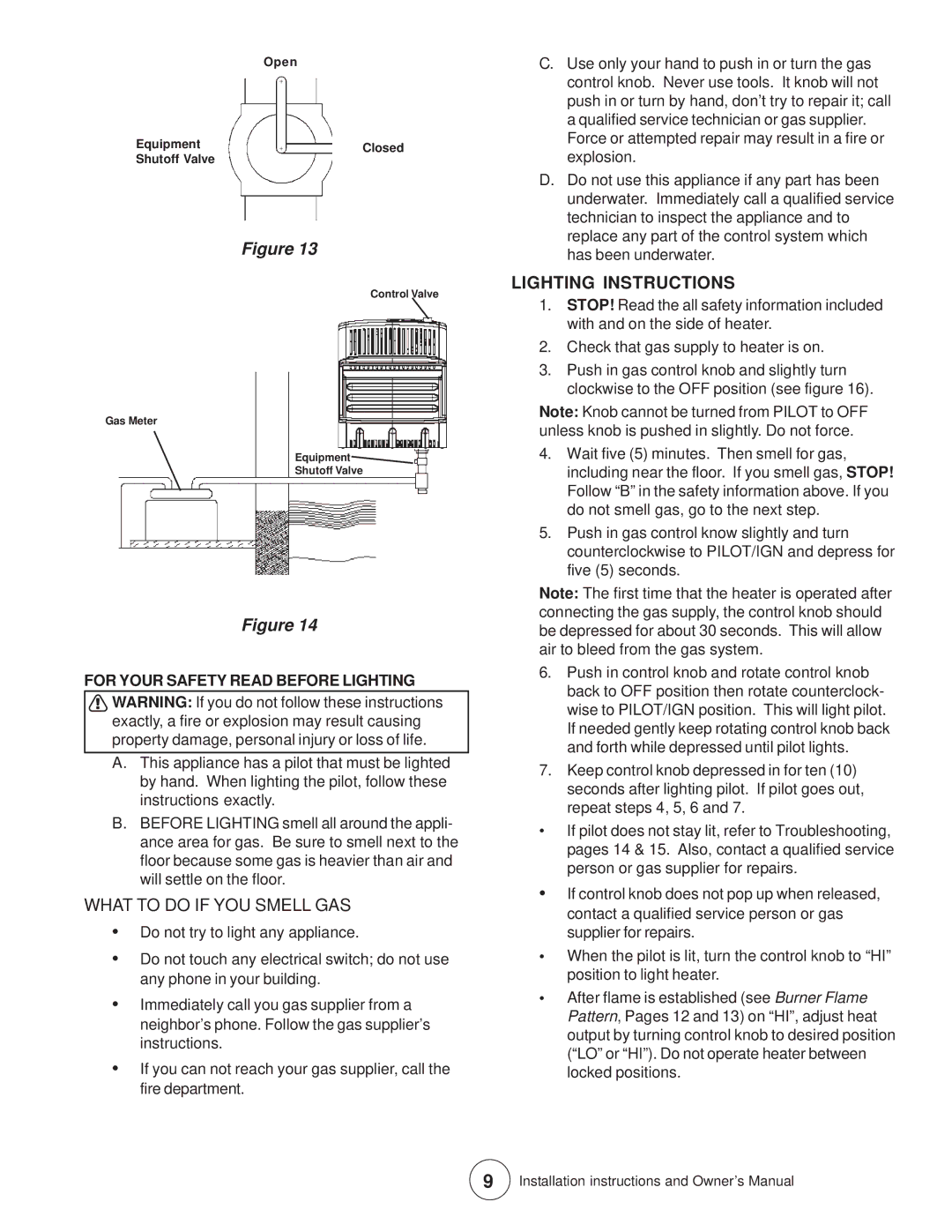 Enerco MHVFB10LP installation instructions What to do if YOU Smell GAS, Lighting Instructions 