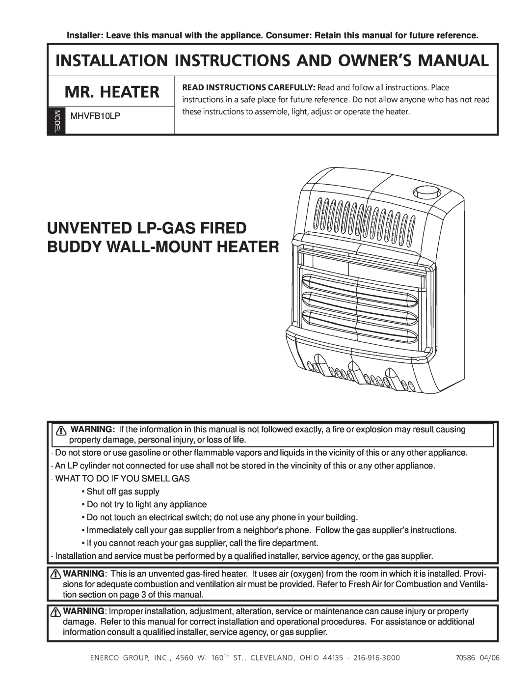 Enerco MHVFB10LP installation instructions Unvented Lp-Gasfired Buddy Wall-Mountheater, Mr. Heater 