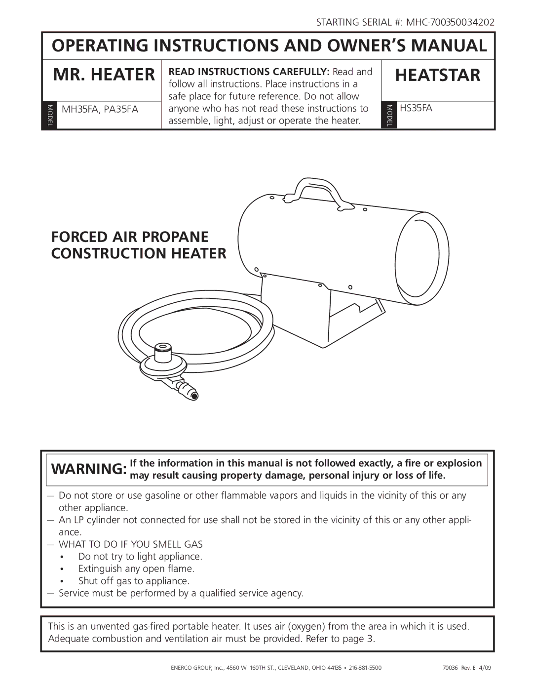 Enerco HS35FA, PA35FA owner manual MR. Heater 