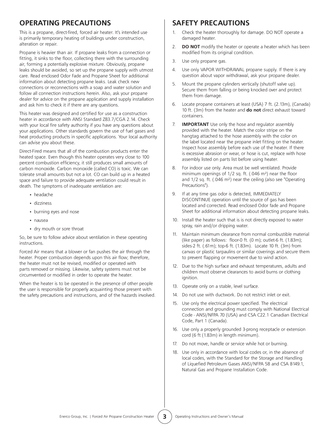 Enerco HS35FA, PA35FA owner manual Operating Precautions, Safety Precautions, Natural Gas and Propane Installation Code 