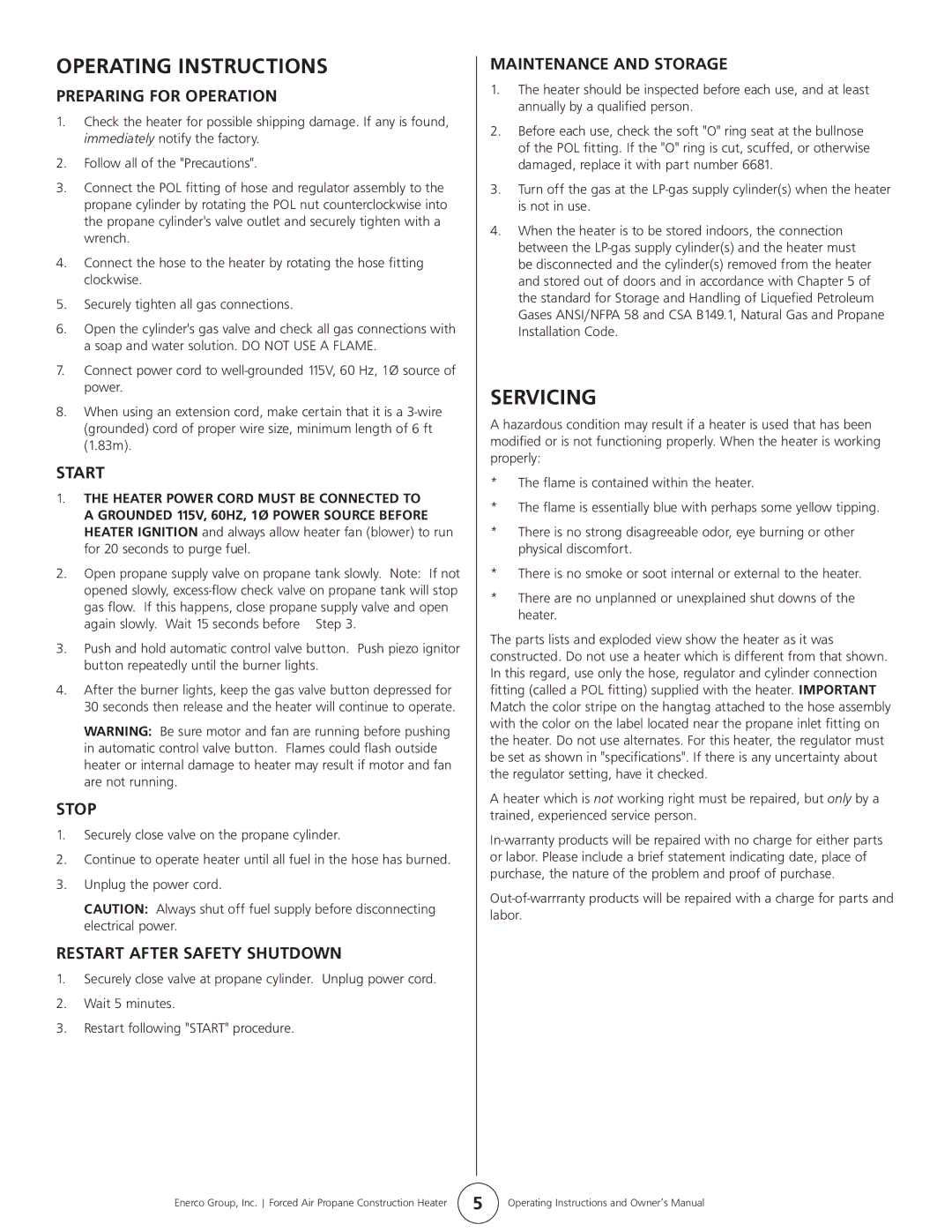 Enerco HS35FA, PA35FA owner manual Operating Instructions, Servicing 