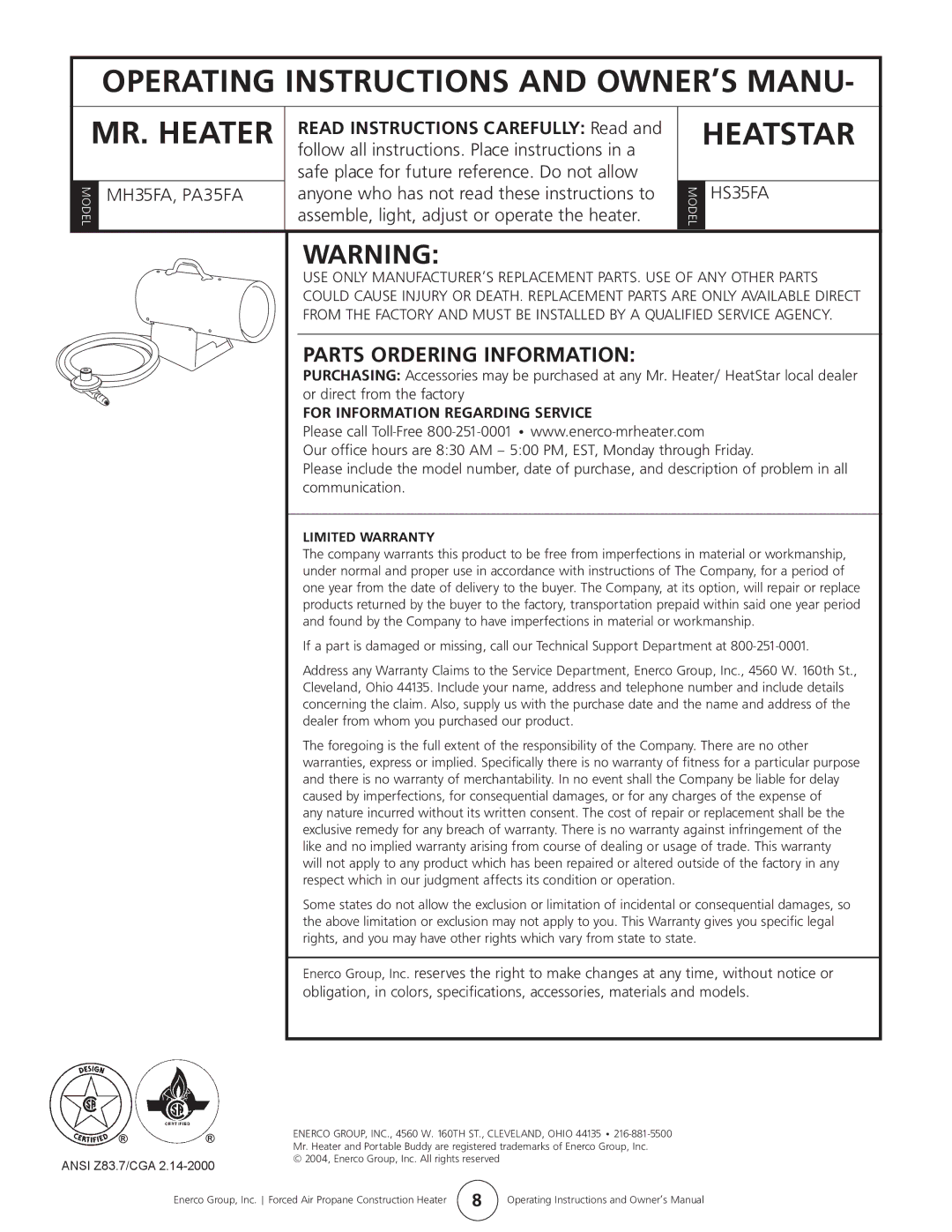 Enerco PA35FA, HS35FA owner manual Parts Ordering Information, For Information Regarding Service 