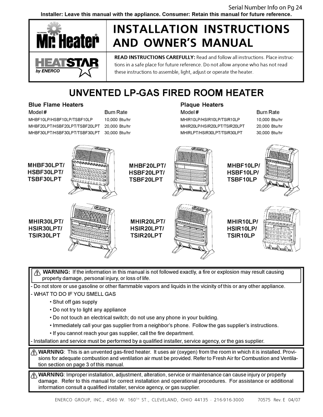 Enerco MHBF10LP, TSBF10LP, HSBF10LP installation instructions Blue Flame Heaters Plaque Heaters, Model # Burn Rate 