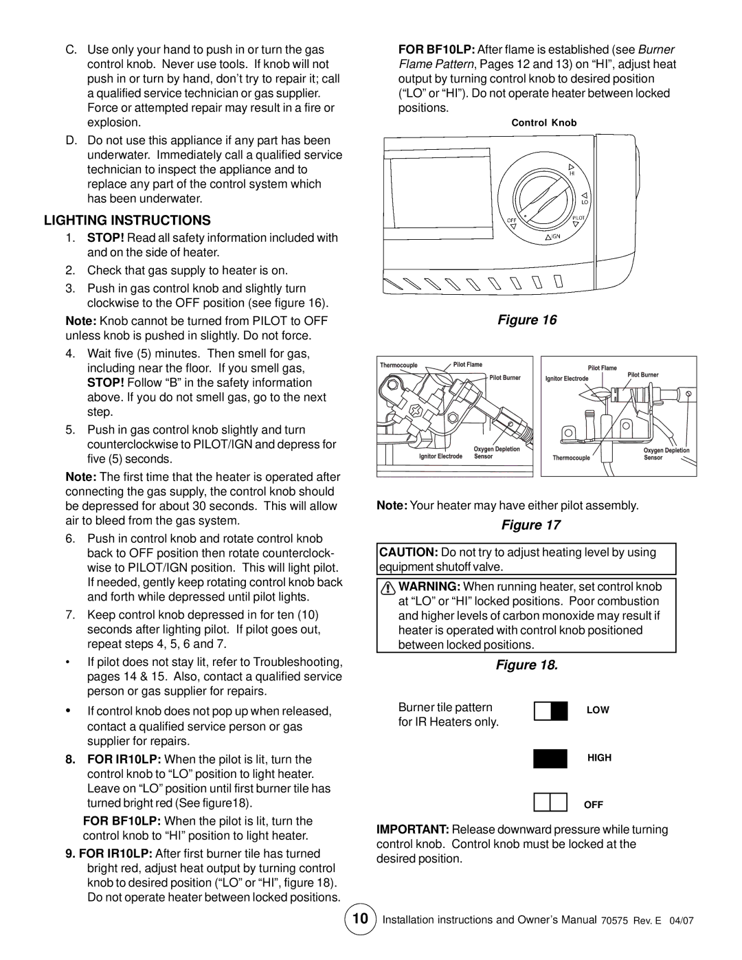 Enerco MHBF20LPT, TSBF10LP, MHBF10LP, HSBF10LP, HSBF20LPT, TSBF20LPT Lighting Instructions, For IR Heaters only 