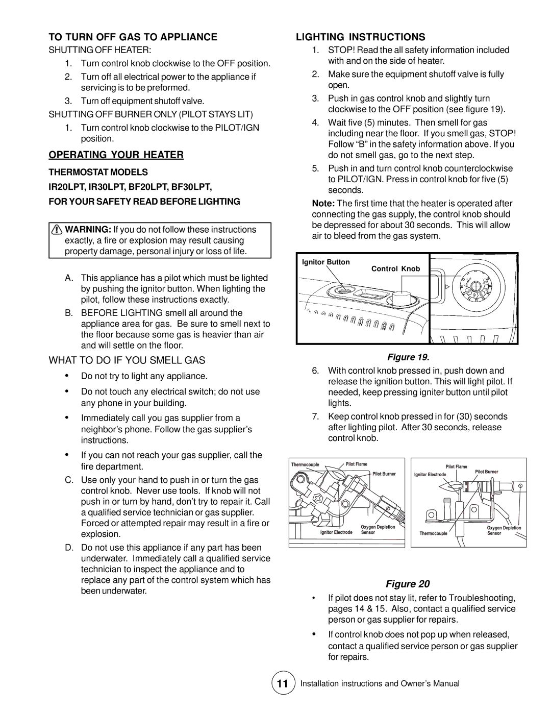 Enerco TSBF20LPT, TSBF10LP To Turn OFF GAS to Appliance, Shutting OFF Heater, Shutting OFF Burner only Pilot Stays LIT 