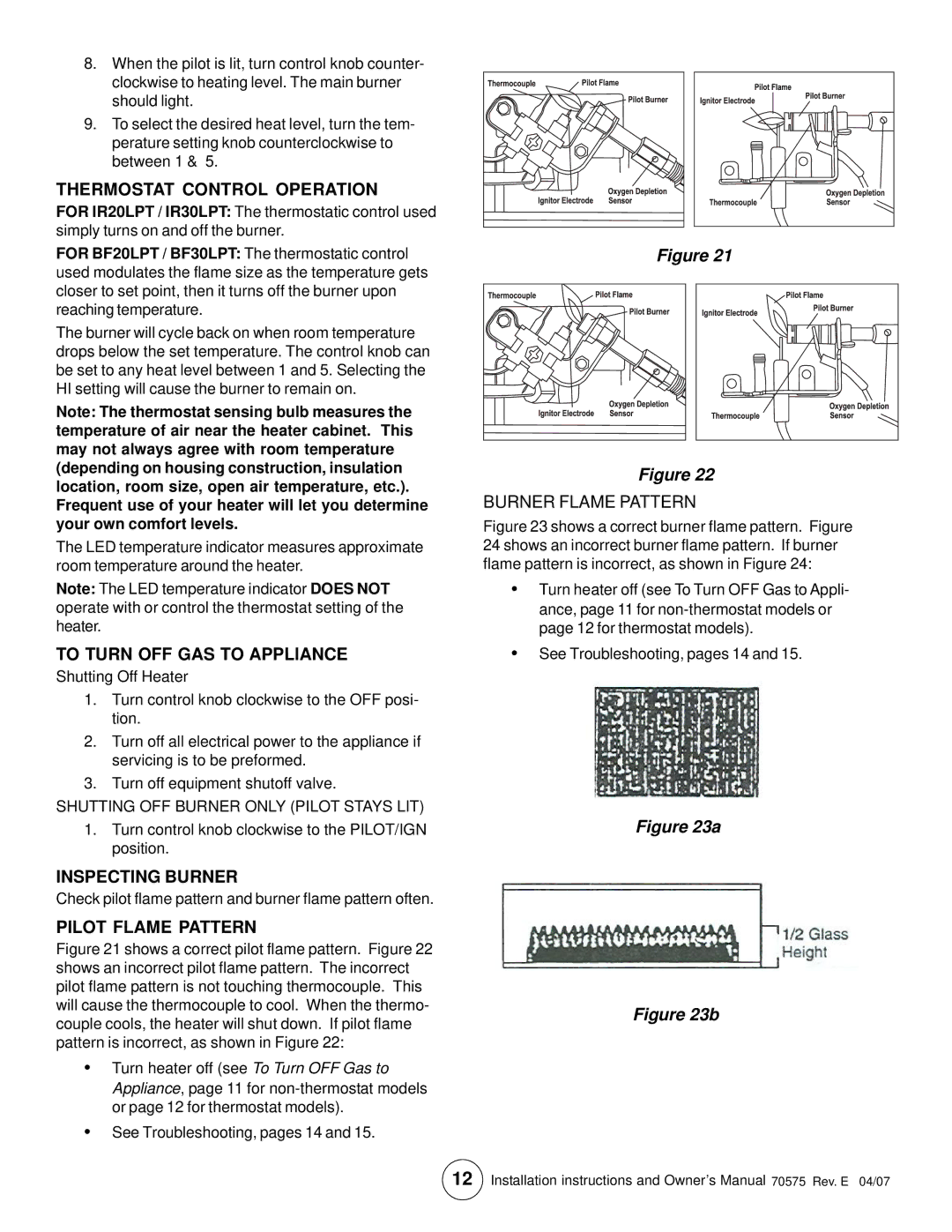 Enerco TSBF10LP, MHBF10LP Thermostat Control Operation, Inspecting Burner, Pilot Flame Pattern, Burner Flame Pattern 