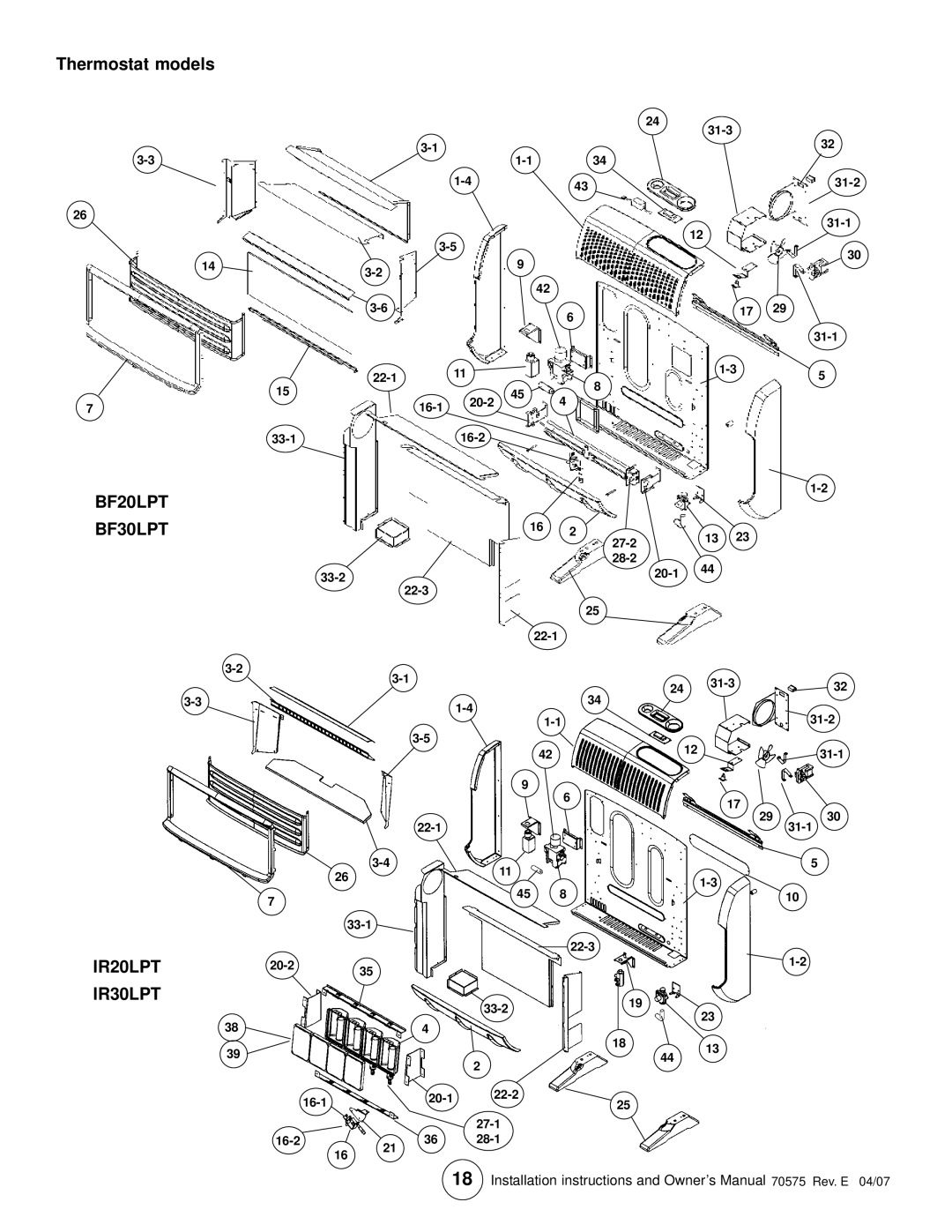 Enerco TSBF10LP, MHBF10LP, HSBF10LP, HSBF20LPT, MHBF20LPT, TSBF20LPT Thermostat models, BF20LPT BF30LPT, IR20LPT IR30LPT 