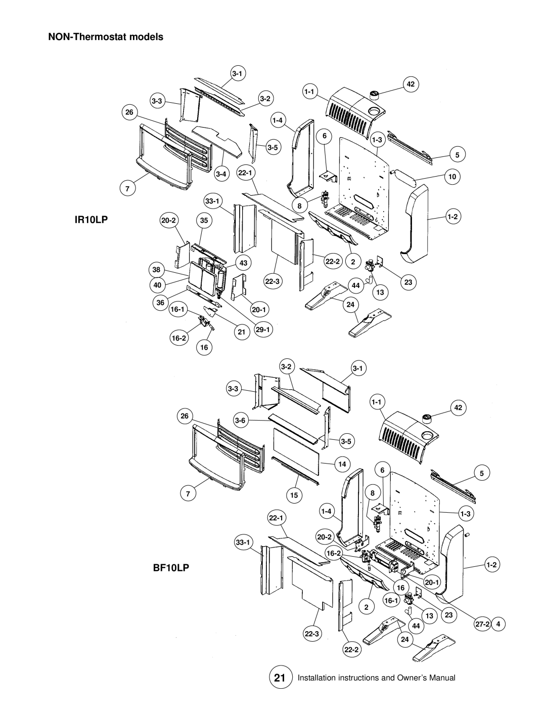 Enerco HSBF20LPT, TSBF10LP, MHBF10LP, HSBF10LP, MHBF20LPT, TSBF20LPT installation instructions NON-Thermostat models IR10LP 