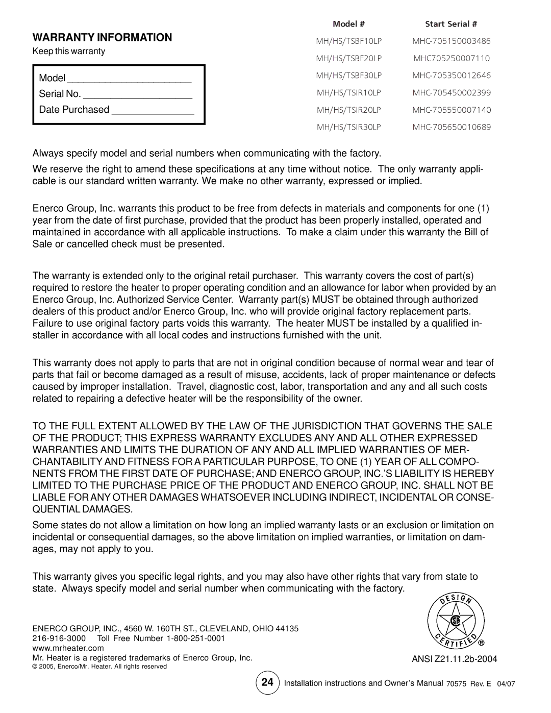 Enerco TSBF10LP, MHBF10LP Warranty Information, Model Serial No Date Purchased, Keep this warranty, Ansi Z21.11.2b-2004 