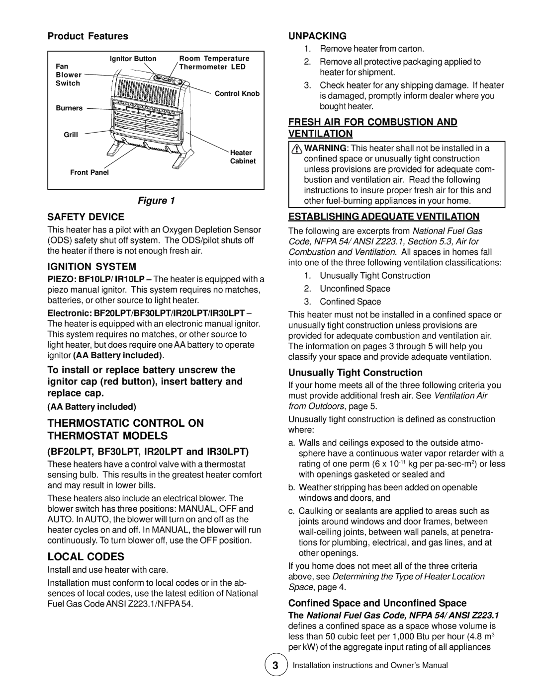 Enerco HSBF20LPT Thermostatic Control on Thermostat Models, Local Codes, Safety Device, Ignition System, Unpacking 