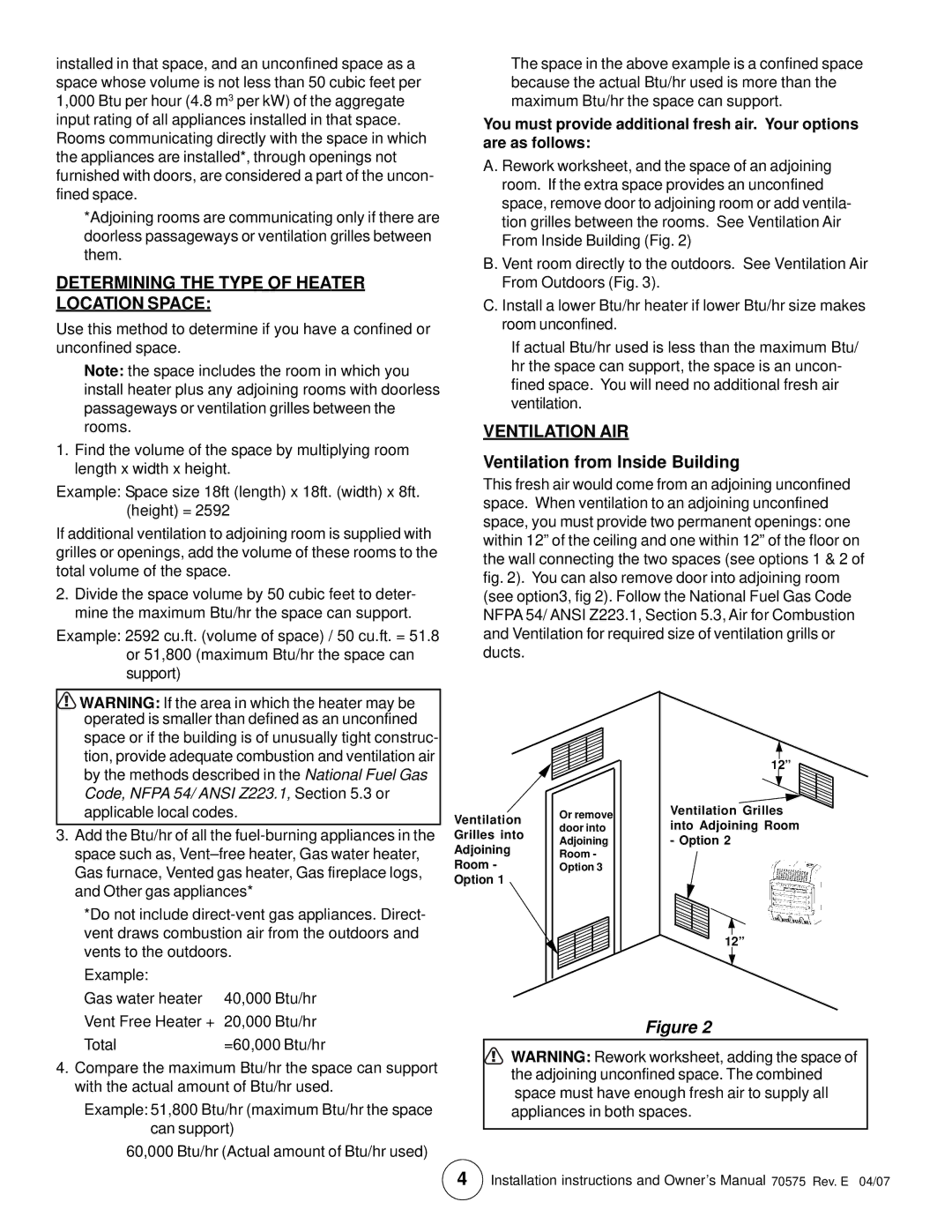 Enerco MHBF20LPT Determining the Type of Heater Location Space, Ventilation AIR, Ventilation from Inside Building 