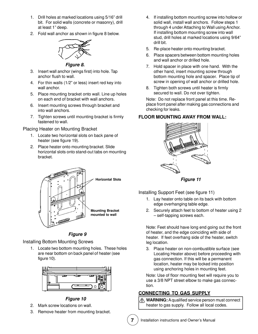 Enerco MHBF10LP Placing Heater on Mounting Bracket, Floor Mounting Away from Wall, Installing Bottom Mounting Screws 