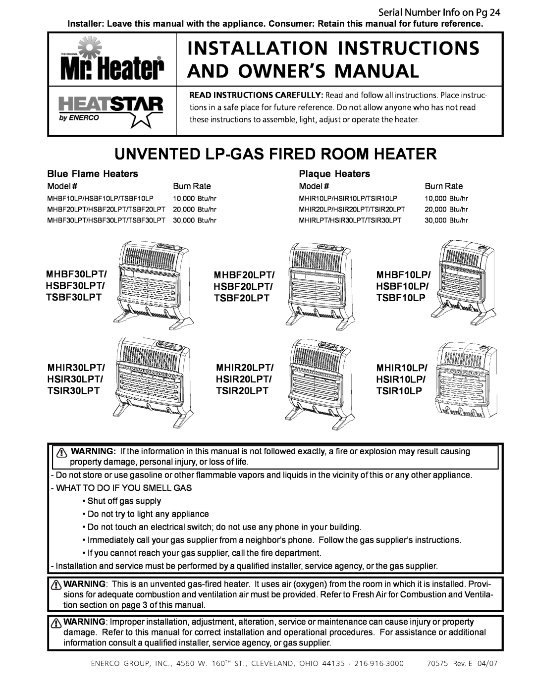 Enerco MHBF10LP, TSBF10LP, HSBF10LP installation instructions Unvented Lp-Gasfired Room Heater, Serial Number Info on Pg 