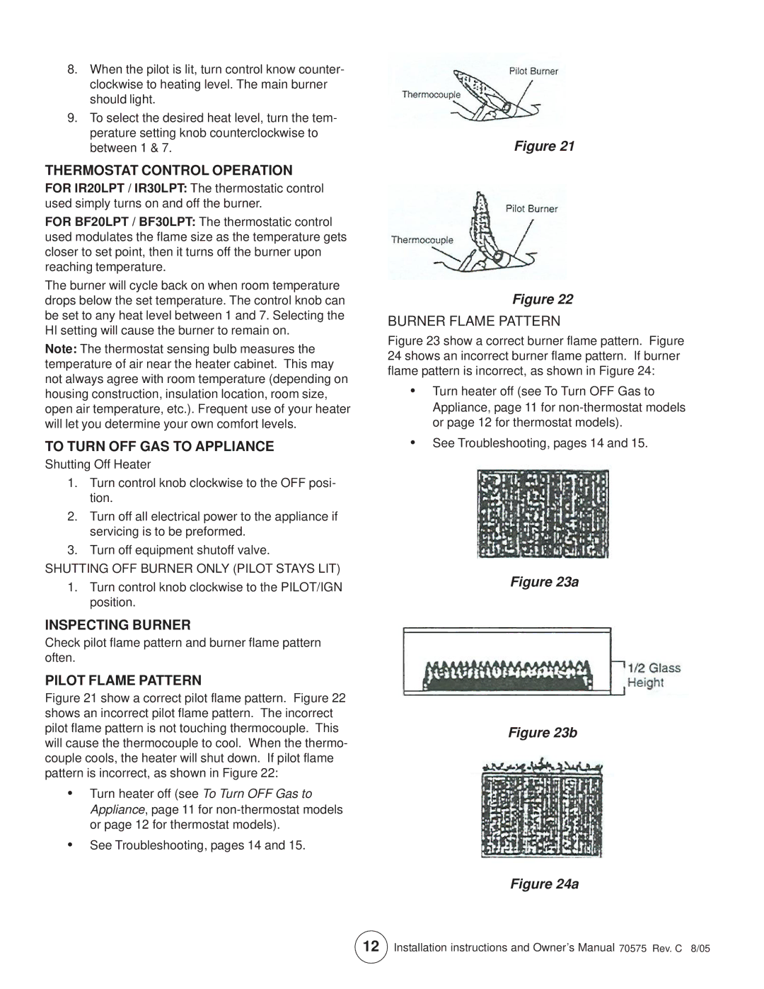 Enerco TSBF10LP, MHIR20LPT Thermostat Control Operation, Inspecting Burner, Pilot Flame Pattern, Burner Flame Pattern 