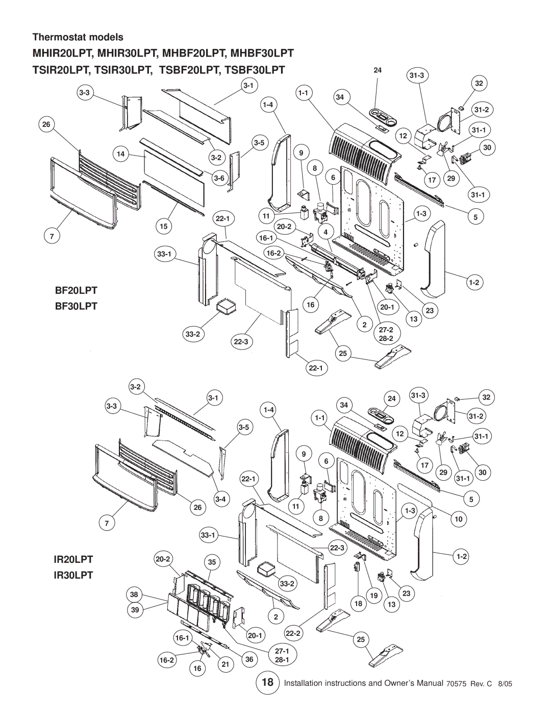 Enerco TSIR20LPT, TSBF10LP, MHIR20LPT, MHIR30LPT, MHBF10LP, MHIR10LP Thermostat models, BF20LPT BF30LPT, IR20LPT20-235 