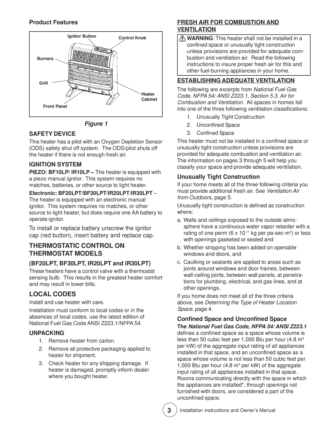 Enerco MHBF10LP Thermostatic Control on Thermostat Models, Local Codes, Safety Device, Ignition System, Unpacking 