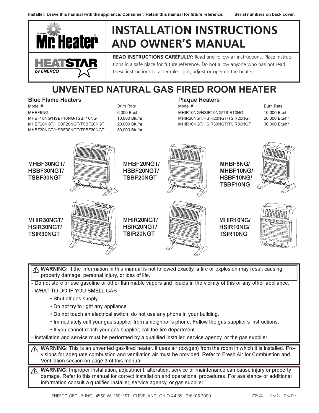 Enerco TSBF10NG, TSIR20NGT installation instructions Blue Flame Heaters­ Plaque Heaters­, What to do if YOU Smell GAS 