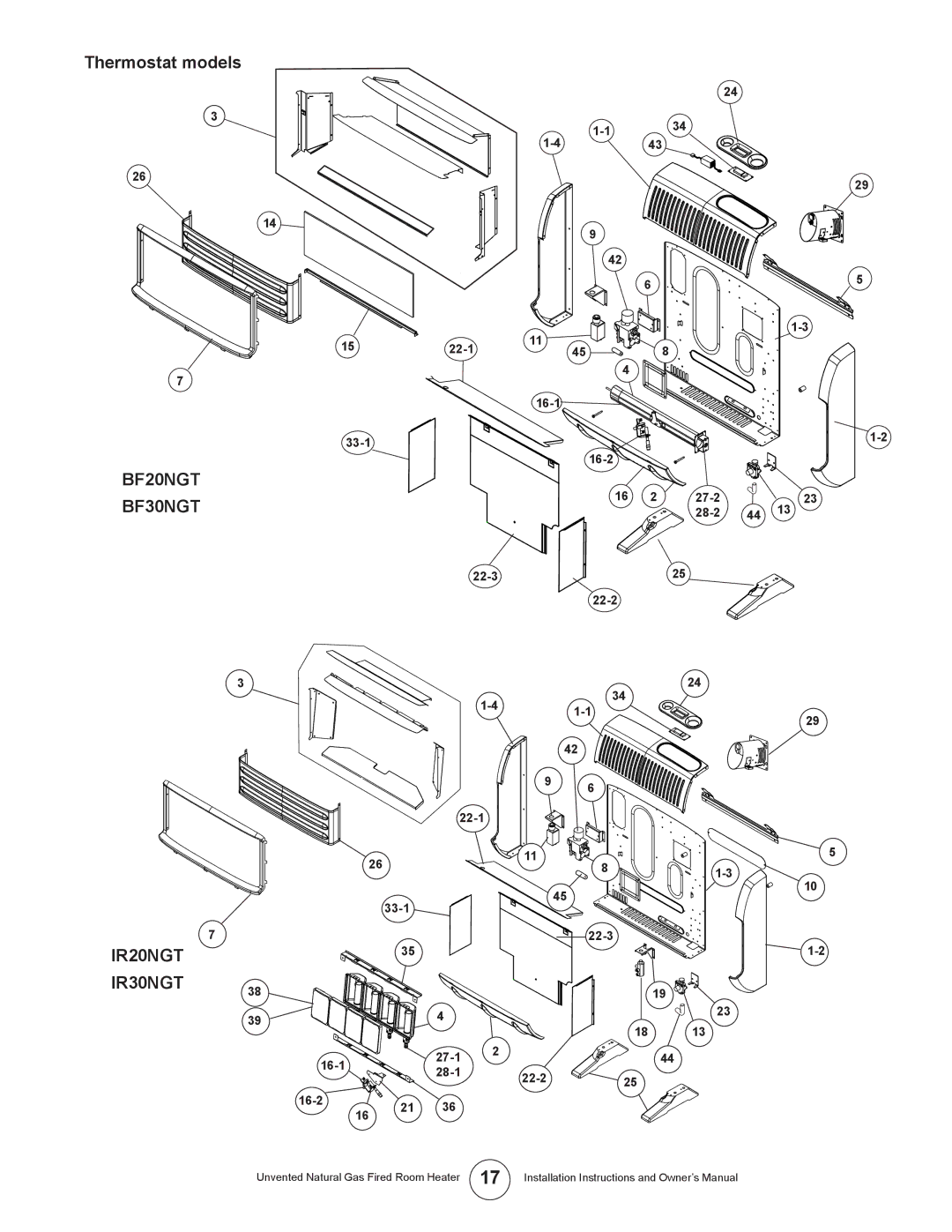 Enerco HSBF10NG, TSIR20NGT, TSBF10NG, MHBF6NG, MHIR20NGT, HSIR20NGT, HSIR10NG Thermostat models, BF20NGT BF30NGT, IR30NGT 