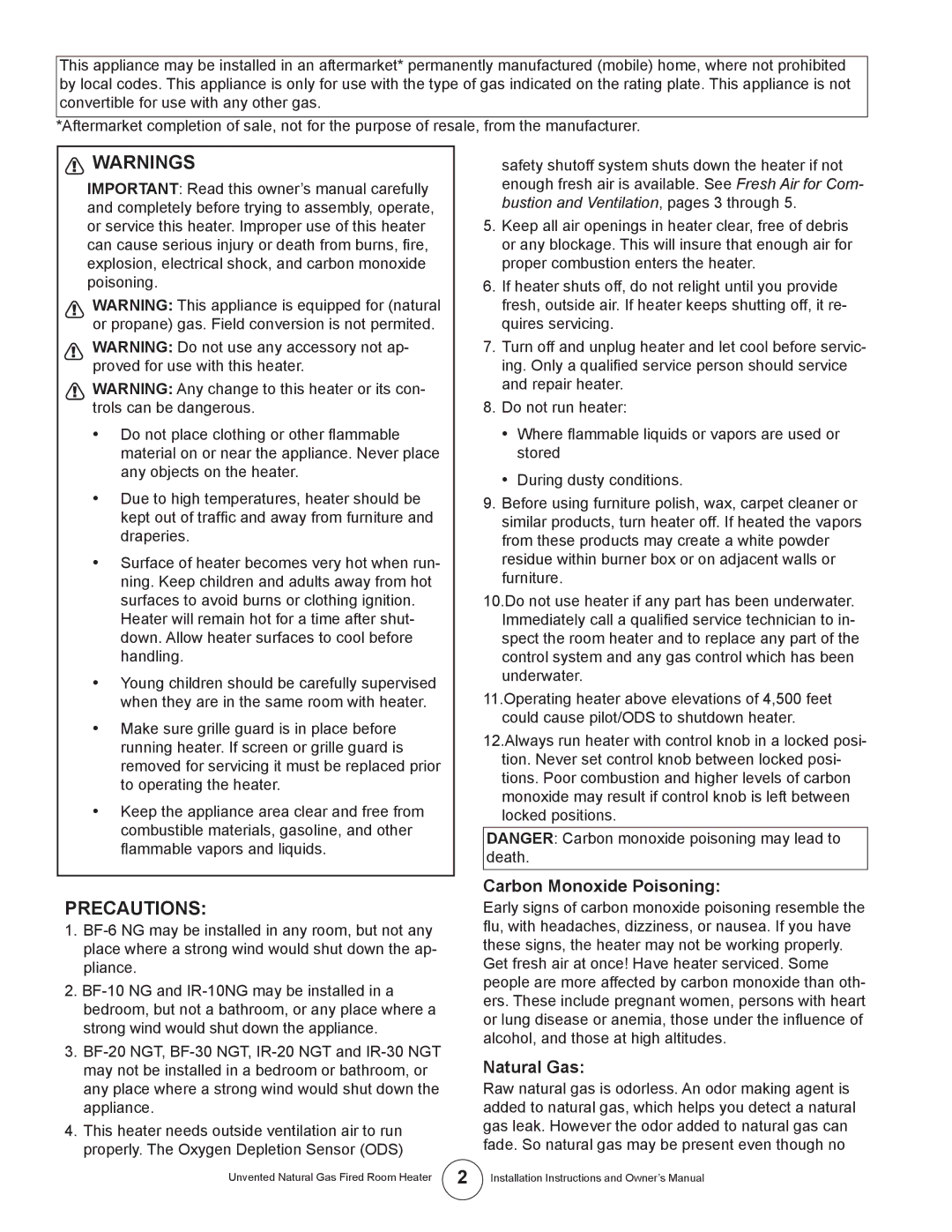 Enerco MHBF6NG, TSIR20NGT, TSBF10NG, MHIR20NGT, HSIR20NGT, HSIR10NG Precautions, Carbon Monoxide Poisoning, Natural Gas 