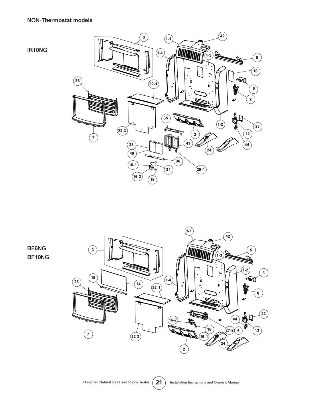 Enerco TSBF10NG, TSIR20NGT, MHBF6NG, MHIR20NGT, HSIR20NGT, HSIR10NG, MHBF10NG, HSBF10NG NON-Thermostat models, BF6NG3 BF10NG 