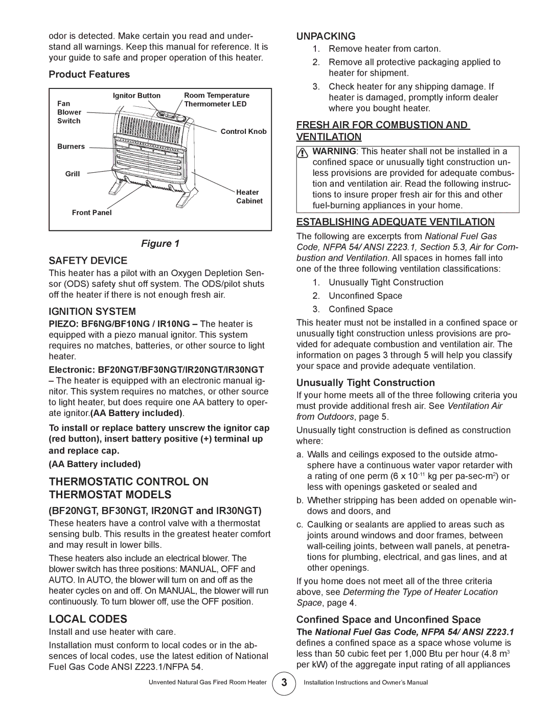 Enerco MHIR20NGT Thermostatic Control on Thermostat Models, Local Codes, Safety Device, Ignition System, Unpacking 